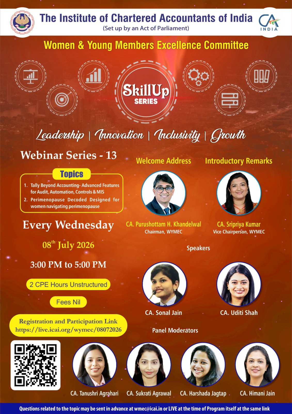 Live Webinar "Skillup Knowledge Webinar Series-13"on Tally Beyond Accounting-Advanced Features for Audit, Automation, Controls and MIS & Perimenopause Decoded Designed for women navigating perimenopause on 8th July 2026 (Wednesday) from 3 PM to 5 PM
