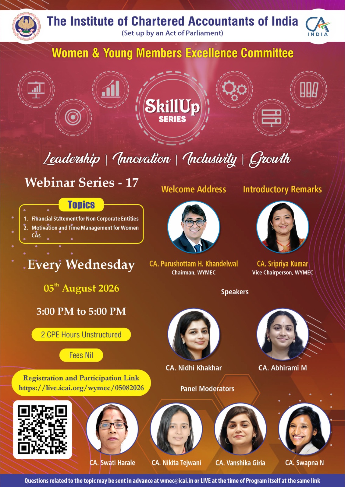 Live Webinar "Skillup Knowledge Webinar Series-17"on Financial Statement for Non Corporate Entities & Motivation and Time Management for Women CAs on 5th Aug 2026 (Wednesday) from 3 PM to 5 PM