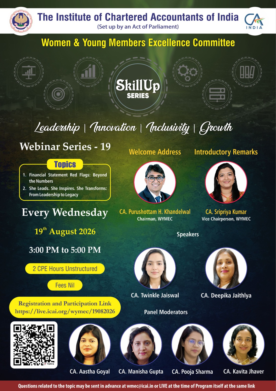 "Live Webinar "Skillup Knowledge Webinar Series-19"on Financial Statement Red Flags: Beyond the Numbers & She Leads. She Inspires. She Transforms: From Leadership to Legacy on 19th Aug 2026 (Wednesday) from 3 PM to 5 PM"