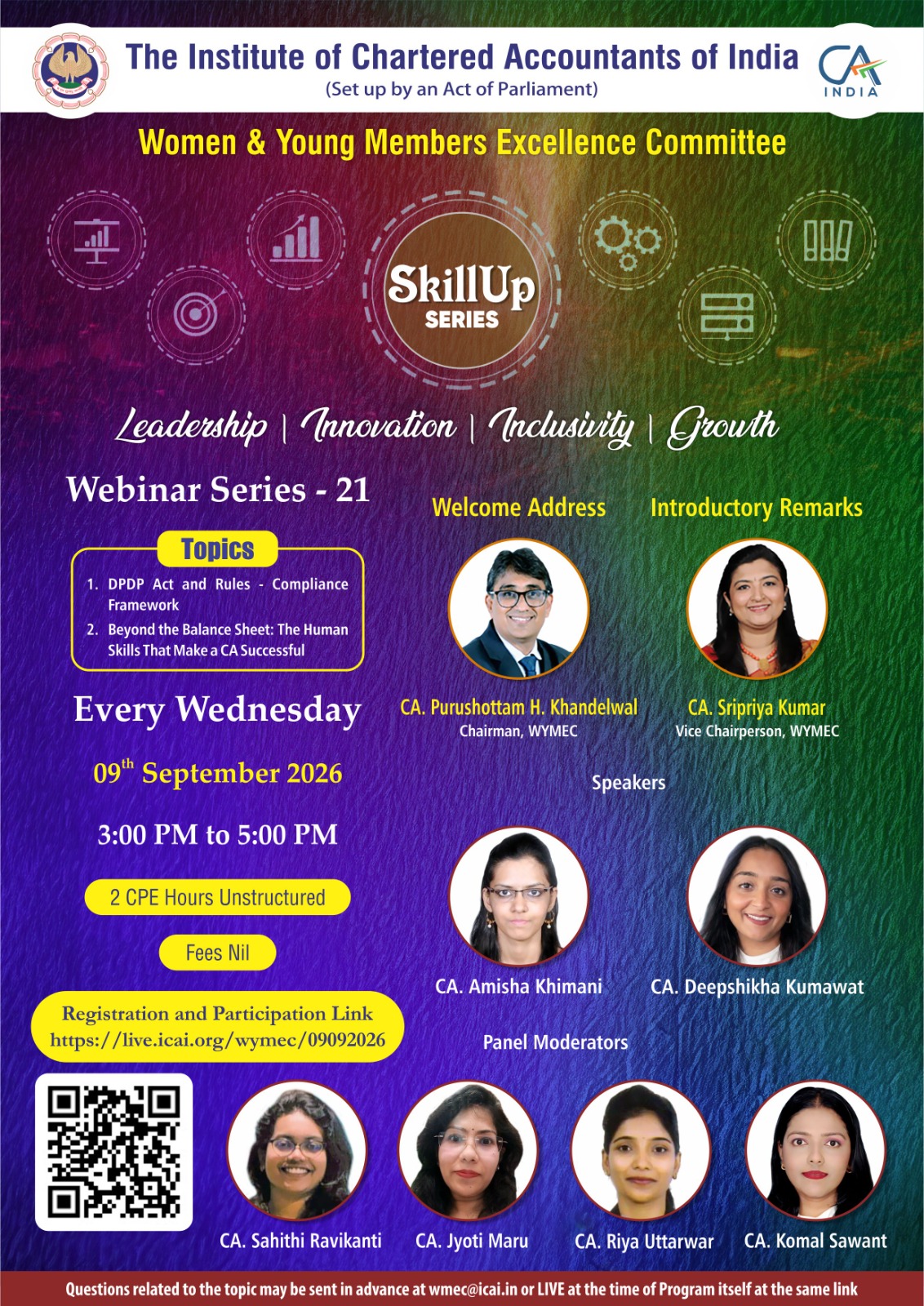 "Live Webinar "Skillup Knowledge Webinar Series-21"on DPDP Act and Rules - Compliance Framework & Beyond the Balance Sheet: The Human Skills That Make a CA Successful on 09th Sept 2026 (Wednesday) from 3 PM to 5 PM"