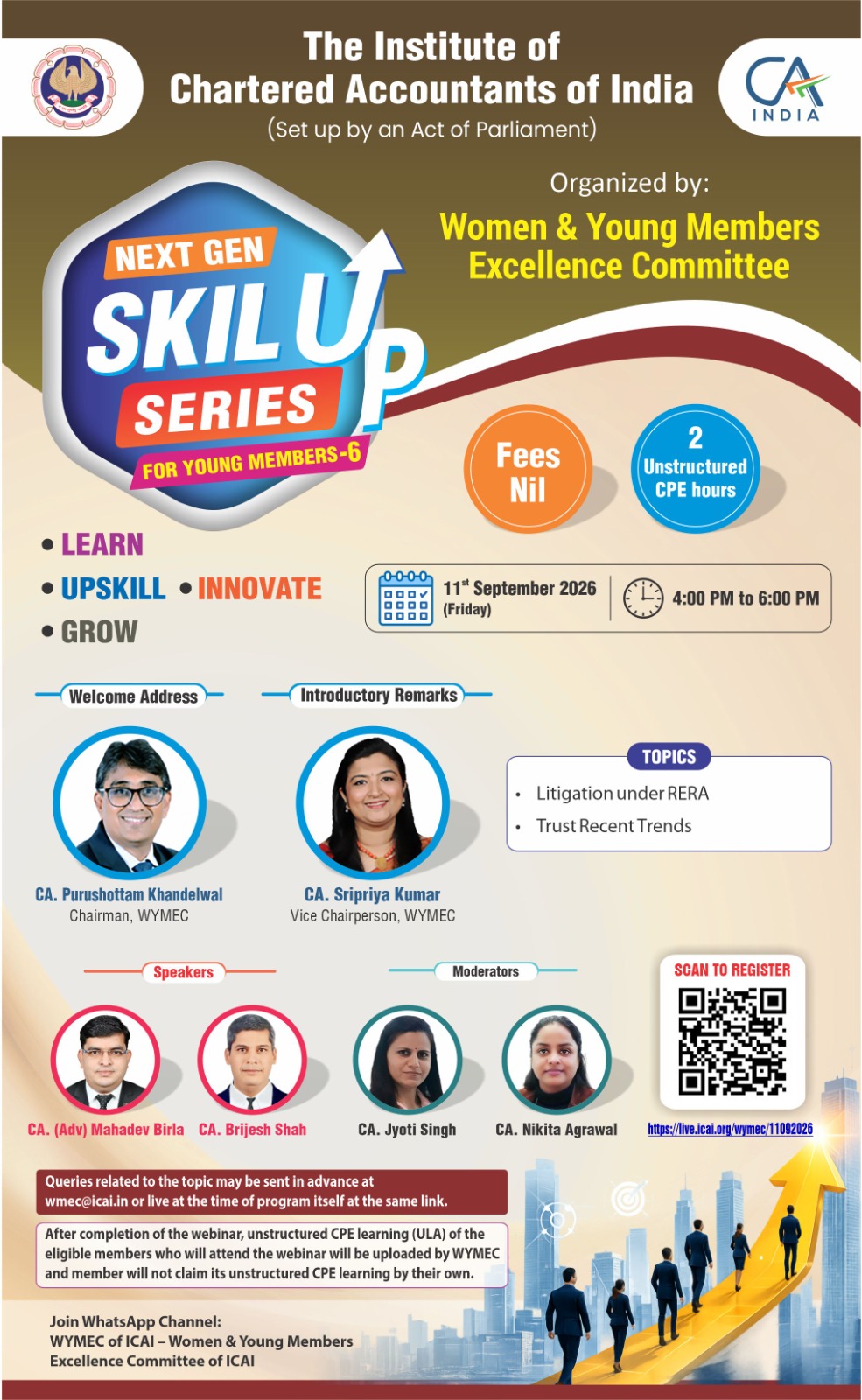 "Live Webinar "Next Gen SkillUp Series for Young Members - 6"on Litigation under RERA & Trust Recent Trends on 11th Sept 2026 (Friday) from 4 PM to 6 PM