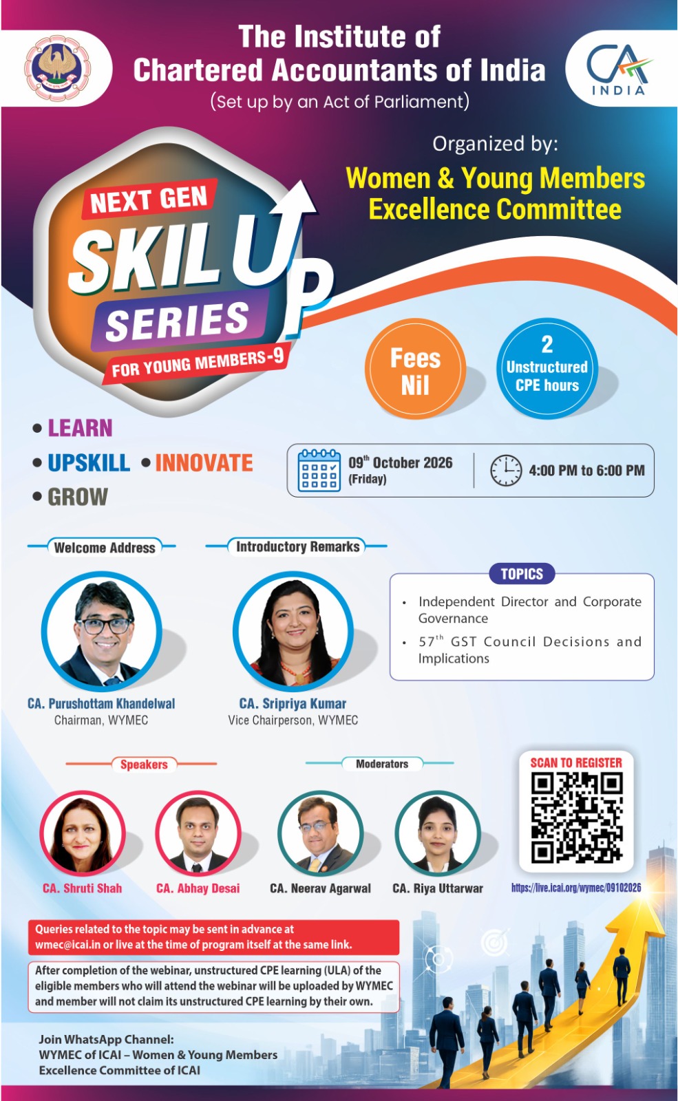 "Live Webinar "Next Gen SkillUp Series for Young Members - 9"on Independent Director and Corporate Governance & 57th GST Council Decisions and Implications on 9th October 2026 (Friday) from 4 PM to 6 PM