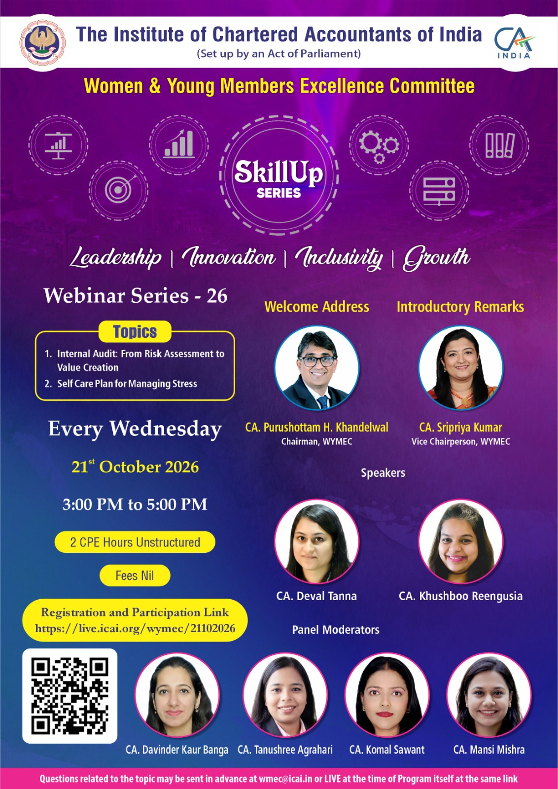 "Live Webinar "Skillup Knowledge Webinar Series-26"on Internal Audit: From Risk Assessment to Value Creation & Self Care Plan for Managing Stress on 21st Oct 2026 (Wednesday) from 3 PM to 5 PM"